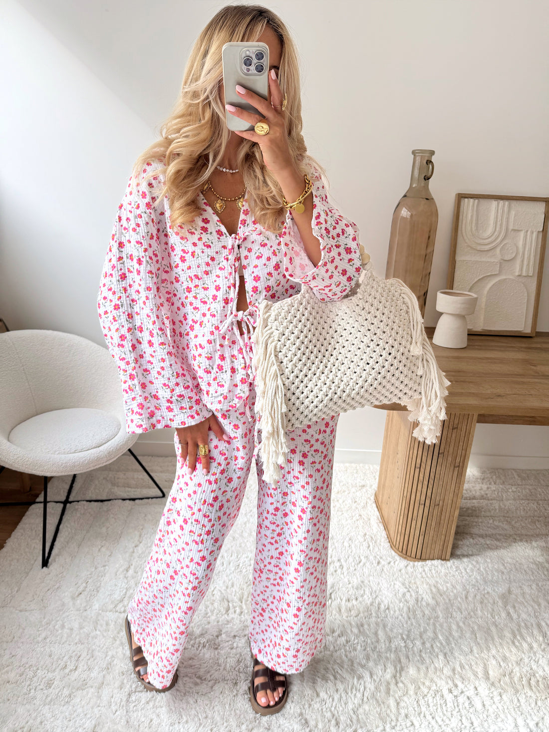 Pantalon en gaze coton à imprimé fleuri KAM - fuchsia