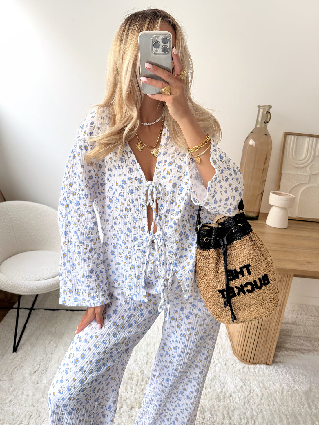 Pantalon en gaze coton à imprimé fleuri KAM - bleu