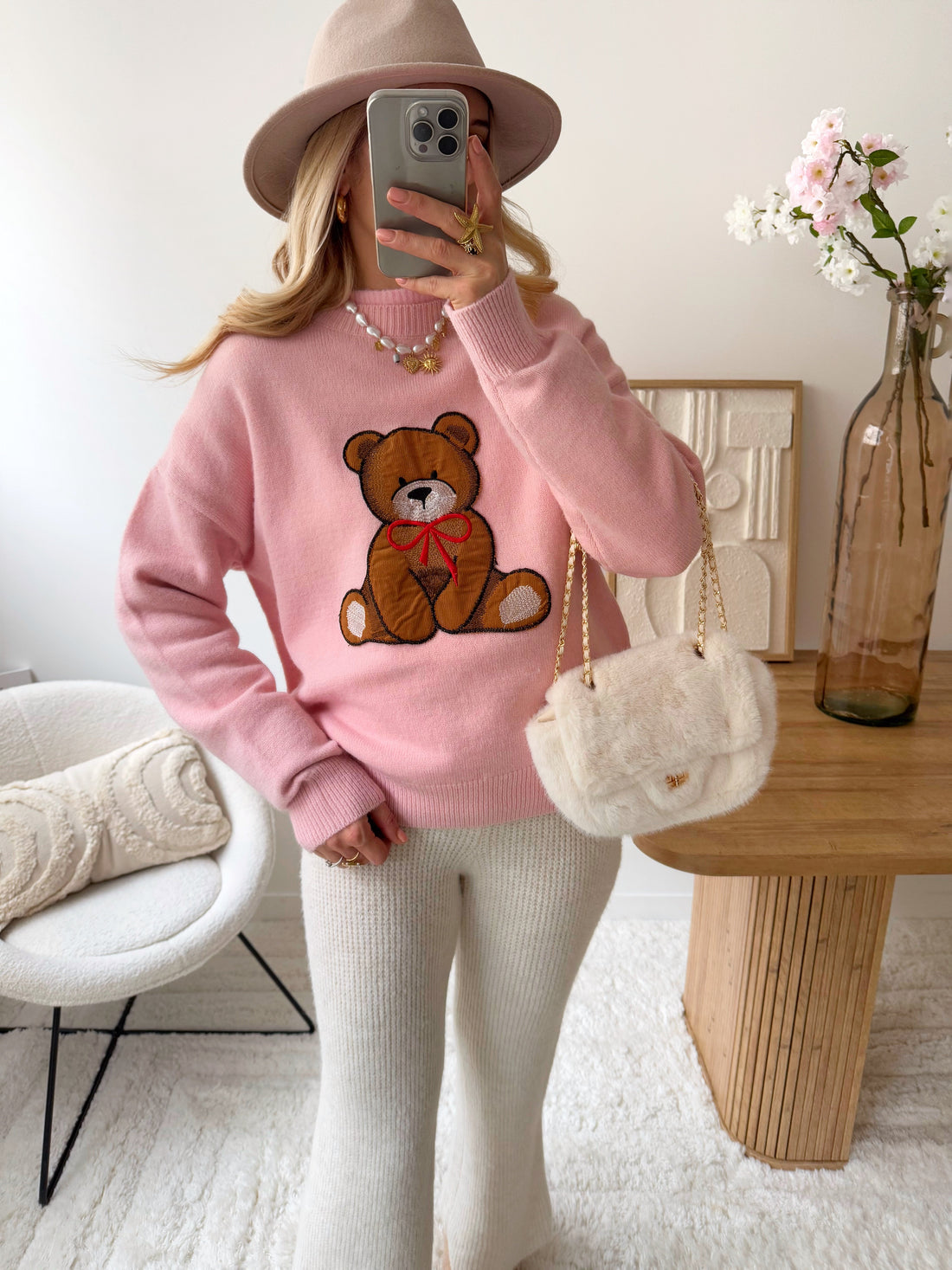 Maille ourson brodé BEAR - rose